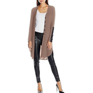 Karen Kane Mushroom Brown V-Neck Duster Cardigan With Faux Leather Patches Sz M